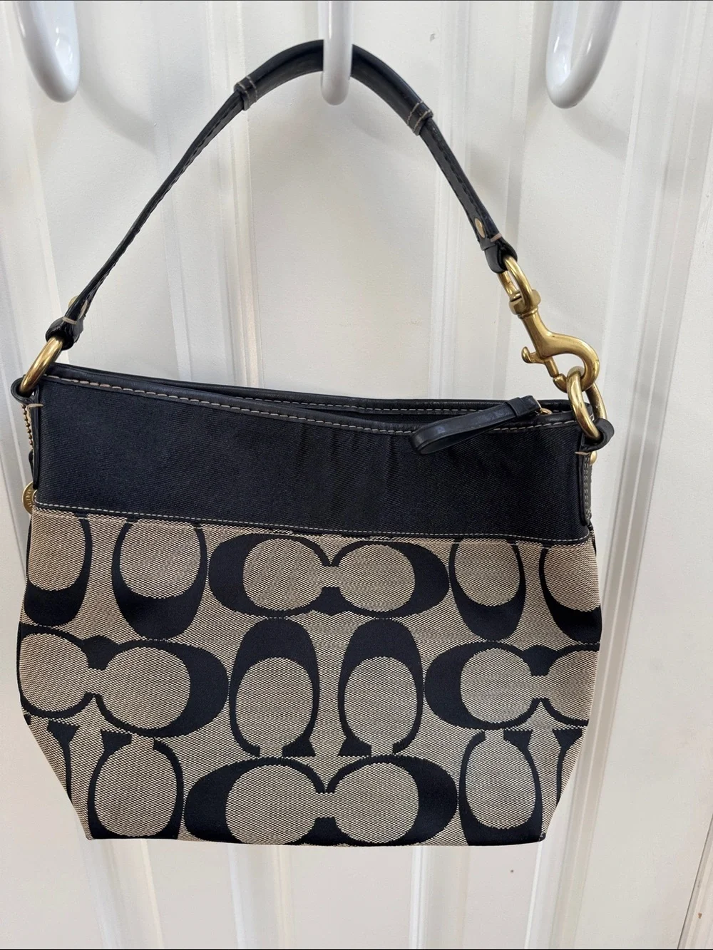 Coach Black and Khaki Signature Canvas Shoulder Bag